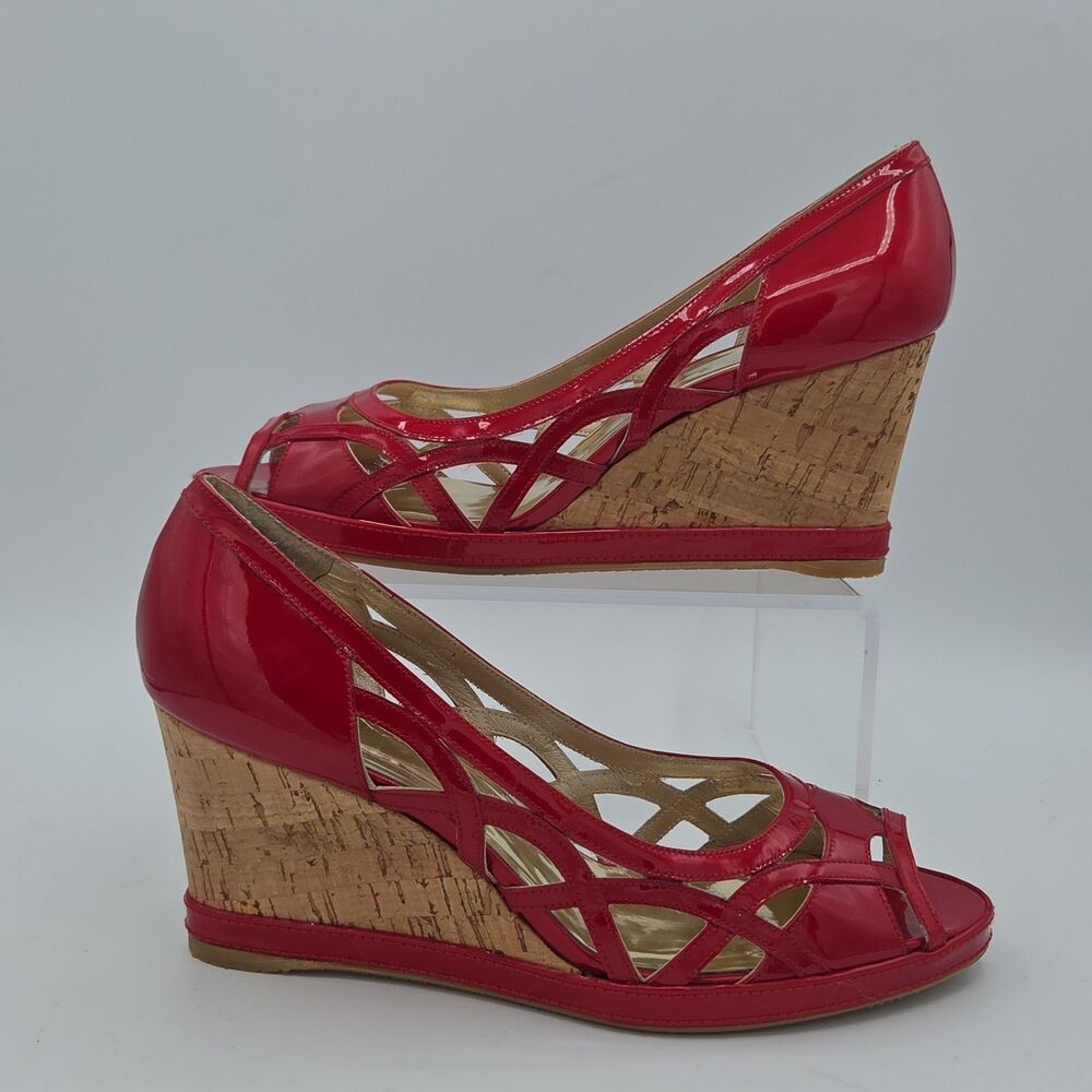 Stuart Weitzman Womens 9 Red Patent Leather Cork Wedge Strappy Peep Toe Heels